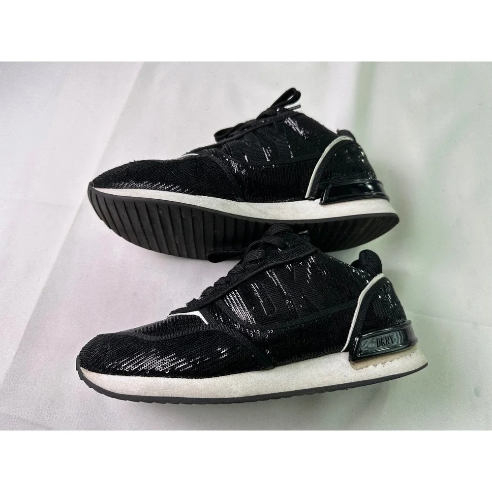 DKNY Women's Size 7.5 M Black Sequin Lace Up Sneakers Fashion Sparkle Athleisure